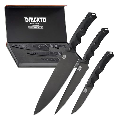 DFACKTO Premium Rugged 3-Piece Kitchen and Camping Knife Set, High Carbon Stainless Steel, G10 Handles, Full Tang - BBQ, T...