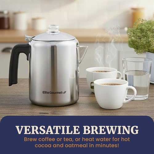 Elite Gourmet EC008 Classic Stovetop Coffee Percolator, Glass Clear Brew Progress Knob, Cool-Touch Handle, Cordless Serve,...