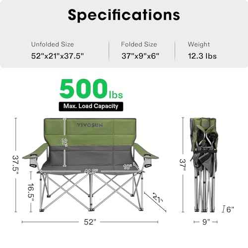 [outlets]VIVOSUN Double Camping Chair, Fully Padded Folding Loveseat, Portable Oversized Duo Chair with Storage Cup Holders, Height-adjustable Armrests & Carry Bag, Supports up to 500lbs, Green & Grey
