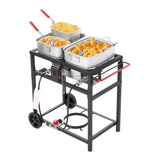 Fire Riot Deep Fryer with Double Burner Propane Stove Outdoor, 2×18QT Aluminum Pots & Frying Baskets, 100,000 BTU High-Pow...