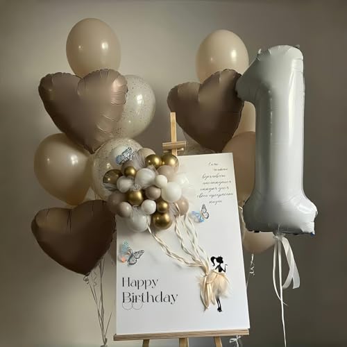 40 Inch Beige Number 1 Balloon for 1st Birthday Decoration, Large Self Inflating Cream Foil Number Balloons 0-9 for Boys G...
