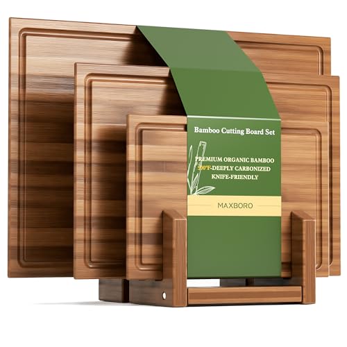 Bamboo Cutting Board Set with Stand, 3PCS Double-Sided Chopping Boards for Kitchen Meal Prep & Serving, Charcuterie, Juice...
