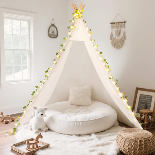 XXL Large Teepee Tent for Adults & Kids, Update Waterproof Cotton Playhouse with LED Vine Lights, Heavy-Duty Eucalyptus Wo...