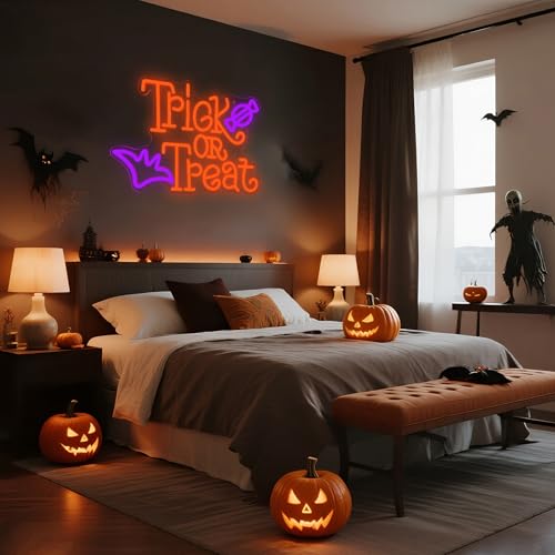 Trick or Treat Neon Sign for Wall Decor Dimmable LED Neon Halloween Light for Wall Decor, LED Halloween Light Up Sign Deco...