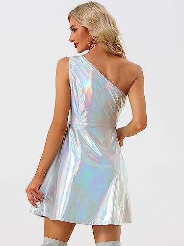 Allegra K Sparkle Dress for Women's Disco Party One Shoulder Sleeveless Holographic Metallic Dresses