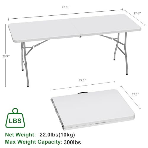 Allpop 6Ft Folding Table for Indoor Outdoor, Fold-in-Half Portable Plastic Dining Table with Carrying Handle for Picnic Pa...