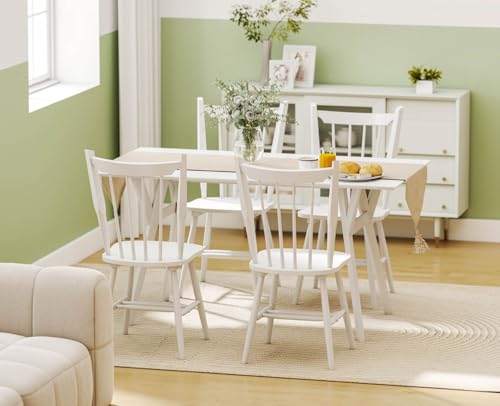 ROCITY Wooden Dining Chairs Set of 4 Mid Century Modern Kitchen Chairs with Spindle Back/Solid Wood Frame Vintage Windsor Chairs for Dining Room, White