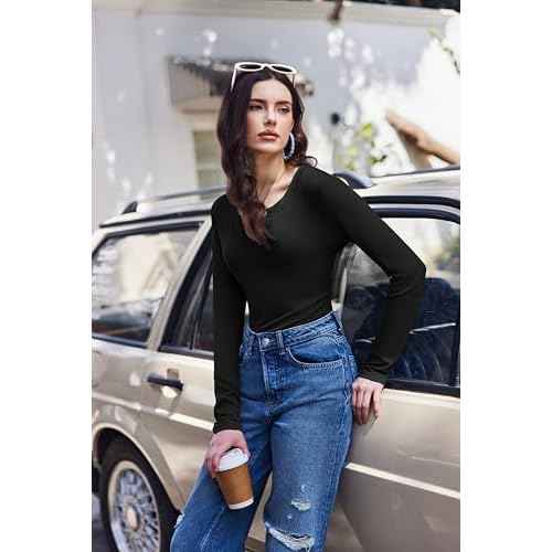 Ekouaer Womens 3 Pack Long Sleeve Shirts V-Neck Slim Fit Going Out Thermal Undershirts Ribbed Y2K Tops XS-XXL