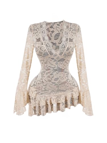 Milumia Women's Lace Ruffle Layer Sheer Mini Dress Deep V Neck Long Sleeve Short Dresses
