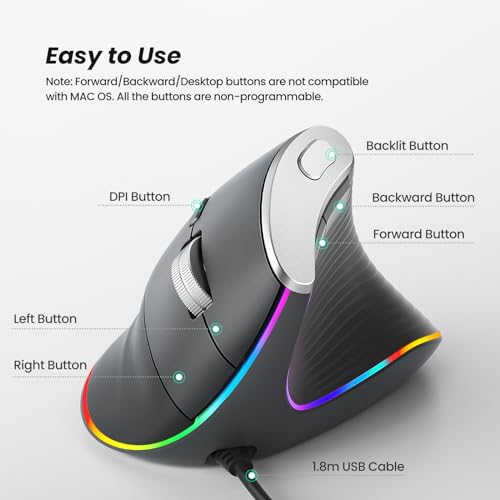 Nulea M504 Wired Vertical Mouse, USB Ergonomic Optical Mouse with 4 Adjustable DPI, 11 RGB Backlight Modes, Compatible for...