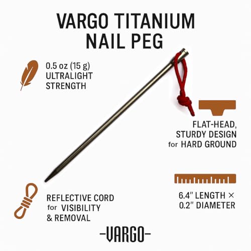 Vargo Titanium Nail Peg with Reflective Cord (6 Pack) | Camping Tent Stakes 0.6 Ounces (14 Grams) 6” L x 0.2” D (152 x 5m...