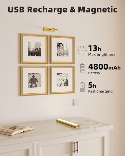 EZVALO Picture Light for Wall, 4800mAh Rechargeable Wireless Remote, Dimmable Magnetic LED Art Display Light with 3 Color Temperatures, for Gallery, Living Room, Bedroom, Hallway (Gold-2Pack)