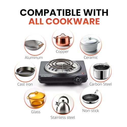 Elite Gourmet ESB100B Countertop Single Coiled Burner Electric Hot Plate, Temperature Control, Indicator Light, Easy to Cl...