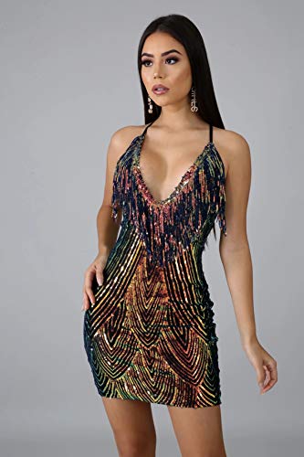 Women's Sexy Bodycon Party Mini Dress Deep V Neck Sequin Backless Spaghetti Straps Clubwear