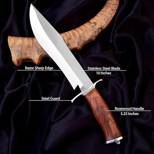 Handmade D2 Steel 15 Inch Bowie Knife with leather sheath - Survival Hunting knife with steel Guard, Rosewood Handle Ideal...