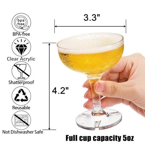 Peohud Set of 20 Coupe Cocktail Glasses, 5 Oz Small Acrylic Martini Glasses, Reusable Champagne Cups for Party, Home, Bar,...