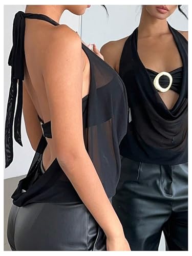 SweatyRocks Women's Rave Going Out Tops Sexy Draped Cowl Neck Halter Top Y2K Clubwear