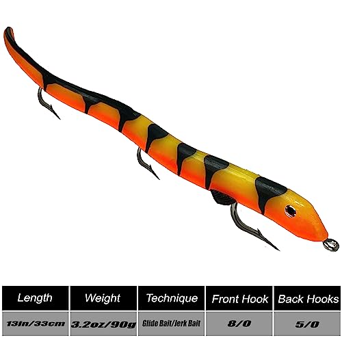 Delong Lures - 13" KILR EEL Musky Pike Cobia Soft Plastic Lure, Best Baits for Muskie Northern Pike Cobia Freshwater Saltw...