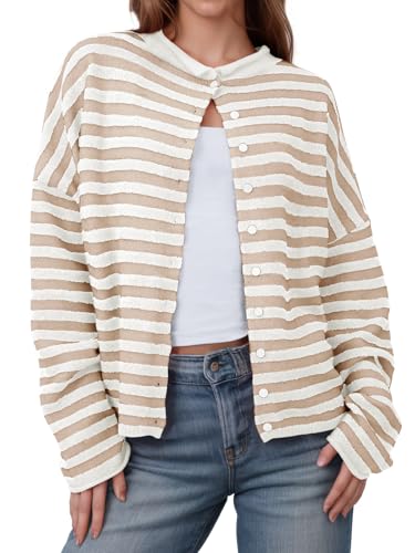 Saodimallsu Womens Striped Cardigan Casual Long Sleeve Open Front Button Down Loose Knit Lightweight Fall Sweaters