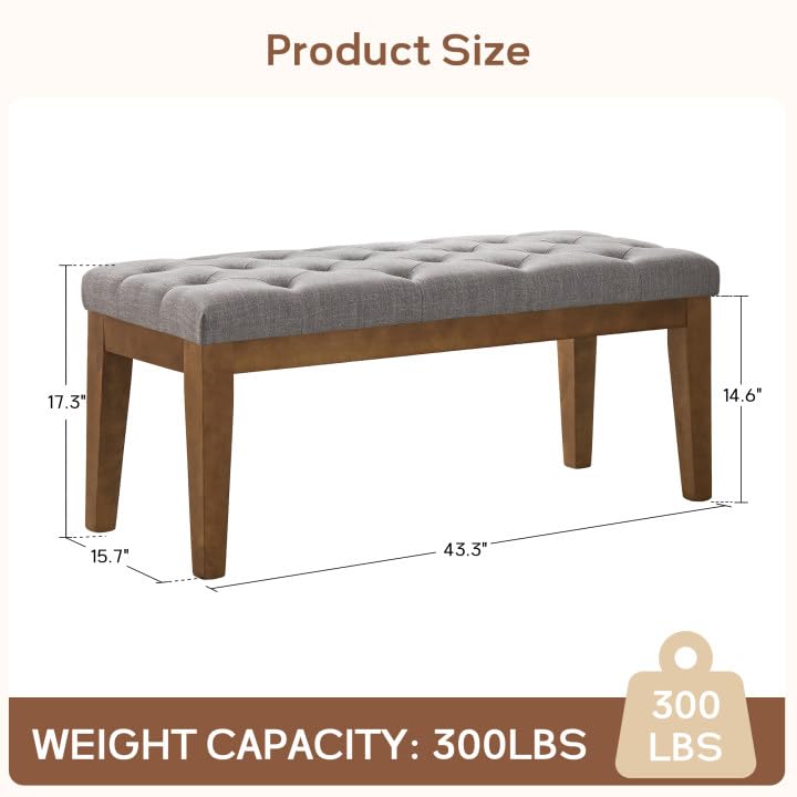 HUIMO Bedroom Bench End of Bed, Upholstered Dining Bench for Kitchen, Button-Tufted Entry Bench, Fabric Ottoman Bench for Living Room, Entryway,Grey, BEN2-4