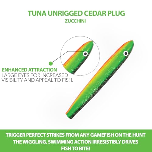 4" Cedar Plug Lures, 6 Pcs Zucchini Color Unrigged, for Offshore Fishing, Includes Lure Bag, Ideal Tuna Fishing Gear for S...