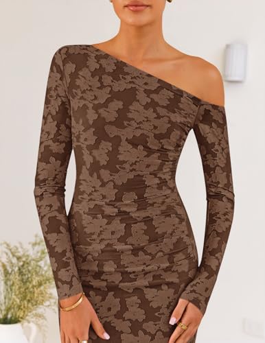 ZESICA Women's Fall Floral Off Shoulder Bodycon Maxi Dresses 2026 Long Sleeve Ruched Elegant Cocktail Party Dress