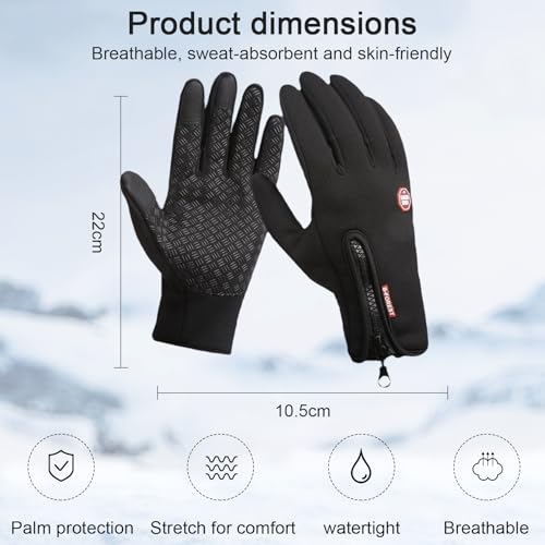 Waterproof Thermal Winter Touch Screen Anti-Slip Gloves Insulated Cold with Zip Design Black Outdoor Gloves for Cold Weather