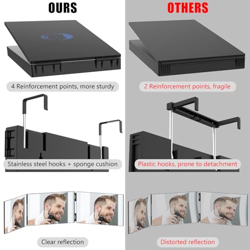 OLIBUY 3 Way Mirror for Hair Cutting, Three Way Mirror for Shaver and Makeup, Height Adjustable with Two Hold Nails, 360 Viewing Angle, Clear Anti-Fog HD Glass
