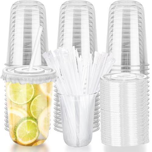 16oz Disposable Stemless Glasses with Flat Lids and Straws,PET Disposable Drinking Cups,Clear Plastic Wine Glasses for Par...