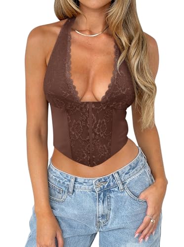 UNCOOYEE Women Sexy Lace Halter Neck Tank Top Sleeveless Backless Y2k Trendy Going Out Corset Crop Tops