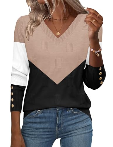 Zeagoo Womens V Neck Sweaters Shirts Long Sleeve Lightweight Ribbed Knit Pullover Sweater Blouse Tops with Buttons Oufits