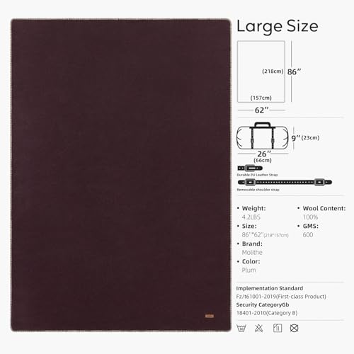 Molithe 100% Wool Blanket, 62" x 86", Warm, Thick, Washable, Military Wool Blanket, Great for Camping, Outdoors, Sporting ...