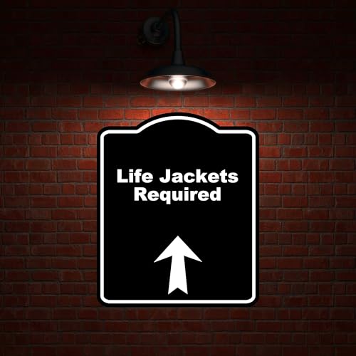 Life Jackets Required Black Sign Arrow Up Aluminum Composite Sign 20 x 24 inches