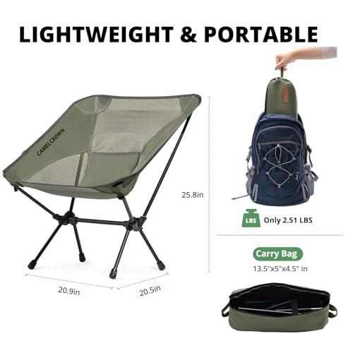 CAMEL CROWN Camping Chair Heavy Duty Backpacking Chair - Ultra-Light Folding Chair with Carry Bag, Portable Compact for Ou...