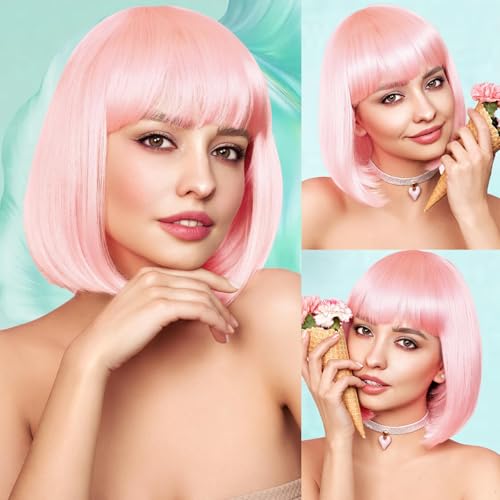 Light Pink Bob Wigs with Bangs Straight Short Wigs for Women Synthetic Pink Wig for Cosplay Women Funny Wig for Party Hall...