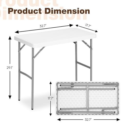 2.7ft Rectangular Folding Table for All-Occasion, Foldable Table with HDPE Tabletop and Steel Legs, Durable and Stable Sma...