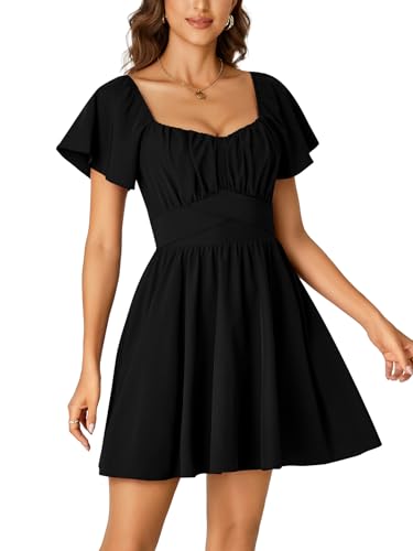 Rooscier Women's Tie Back Square Neck Wrap Ruffle Short Sleeve Flare Mini Dress