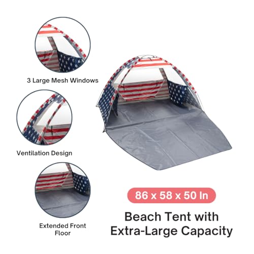 American Flag Portable Beach Tent Anti UV for 3-4 Person – Premium Beach Tent Sun Shelter with 3 Large Mesh Windows – Shad...