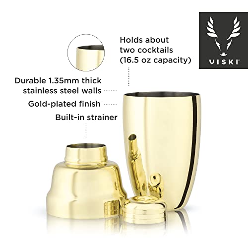 Viski Gold Heavyweight Cocktail Shaker, Stainless Steel Drink Mixer, with Bar Strainer, Professional Shaker for Martini an...