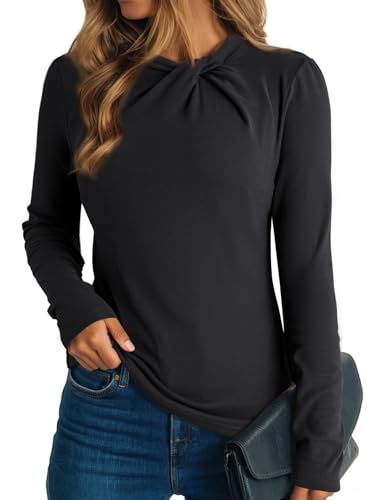 Dokotoo Womens Tops Business Casual Outfits Long Sleeve Shirts Mock Neck Twist Knot Slim Fit Soft Stretch Tees Blouses