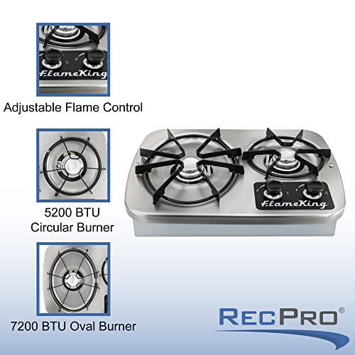 RecPro RV 2 Burner Gas Built-In Cooktop Stove with Cover Hood and Wind Guard | 7200 and 5200 BTU Burners