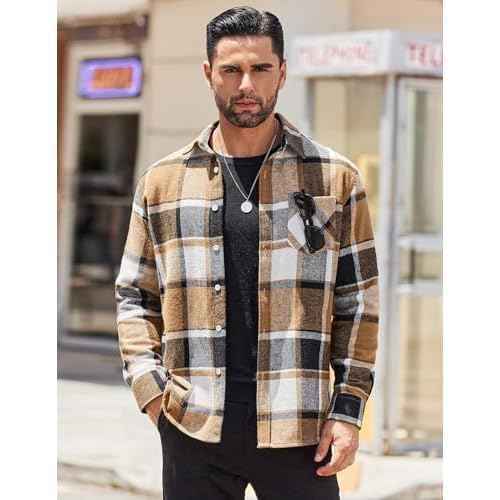 COOFANDY Mens Flannel Shirts Long Sleeve Lightweight Plaid Shirt Casual Button Down Shirts Jacket