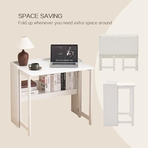 cayglow Foldable Desk，Folding Table with Storage Shelf,32.6 Inch Fold Out Computer Desk for Small Spaces,Writing Desk for ...
