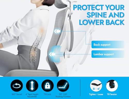 Ergonomic Office Chair: White Computer Desk Chair Comfy Gaming Chair for Adults - Office Chair with Lumbar Support & Headr...