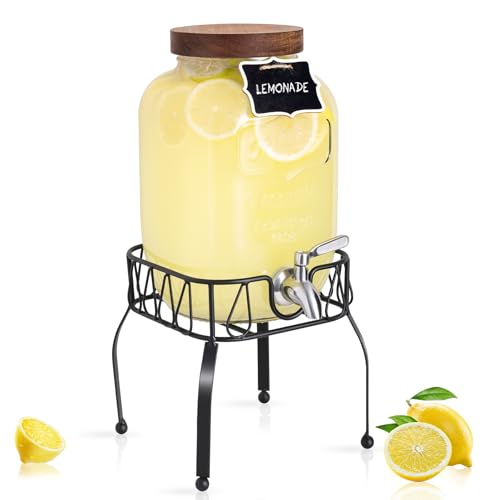 Mustry Glass Drink Dispenser for Parties, 1 Gallon Beverage Dispenser with Stand and Spigot Solid Stainless Steel, Used as...