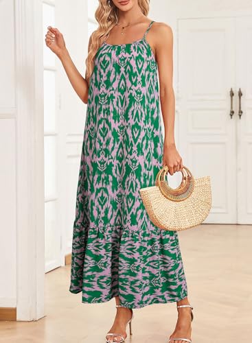 Dokotoo Women Summer Dresses 2026 Spaghetti Strap Scoop Neck Smocked Ruffle Flowy Boho Maxi Dress