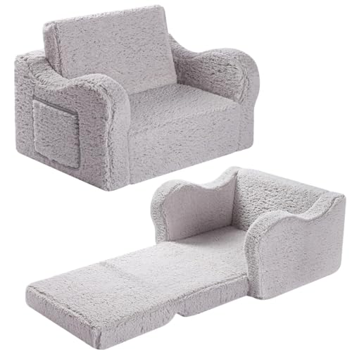 MOMCAYWEX Kids Sofa, 2-in-1 Flip-Out Foam Couch with Soft Sherpa Cover, Cozy Play Lounge Chair, Grey
