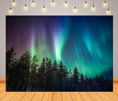 BELECO 8x6ft Fabric Night Forest Northern Lights Backdrop Pine Trees Forest Aurora Borealis Starry Sky Stars Background Po...