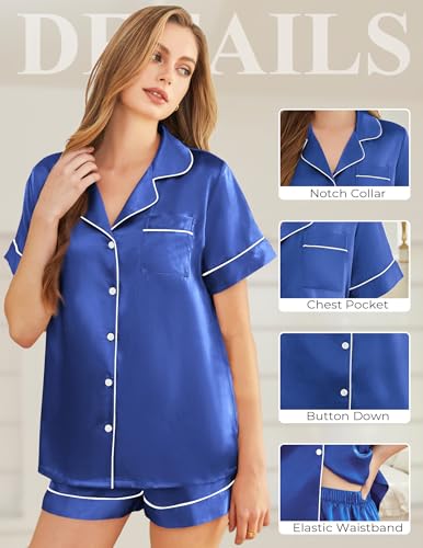 SHEFOTY Silk Pajamas for Women Short Sleeve Sleepwear Soft Button Down Loungewear 2 Piece Satin Pjs Shorts Set S-XXL