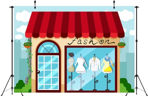 CORFOTO 7x5ft Fabric Lady Fashion Store Window Display Backdrop Cartoon Clothing Store Fashion Boutique Background for Gir...